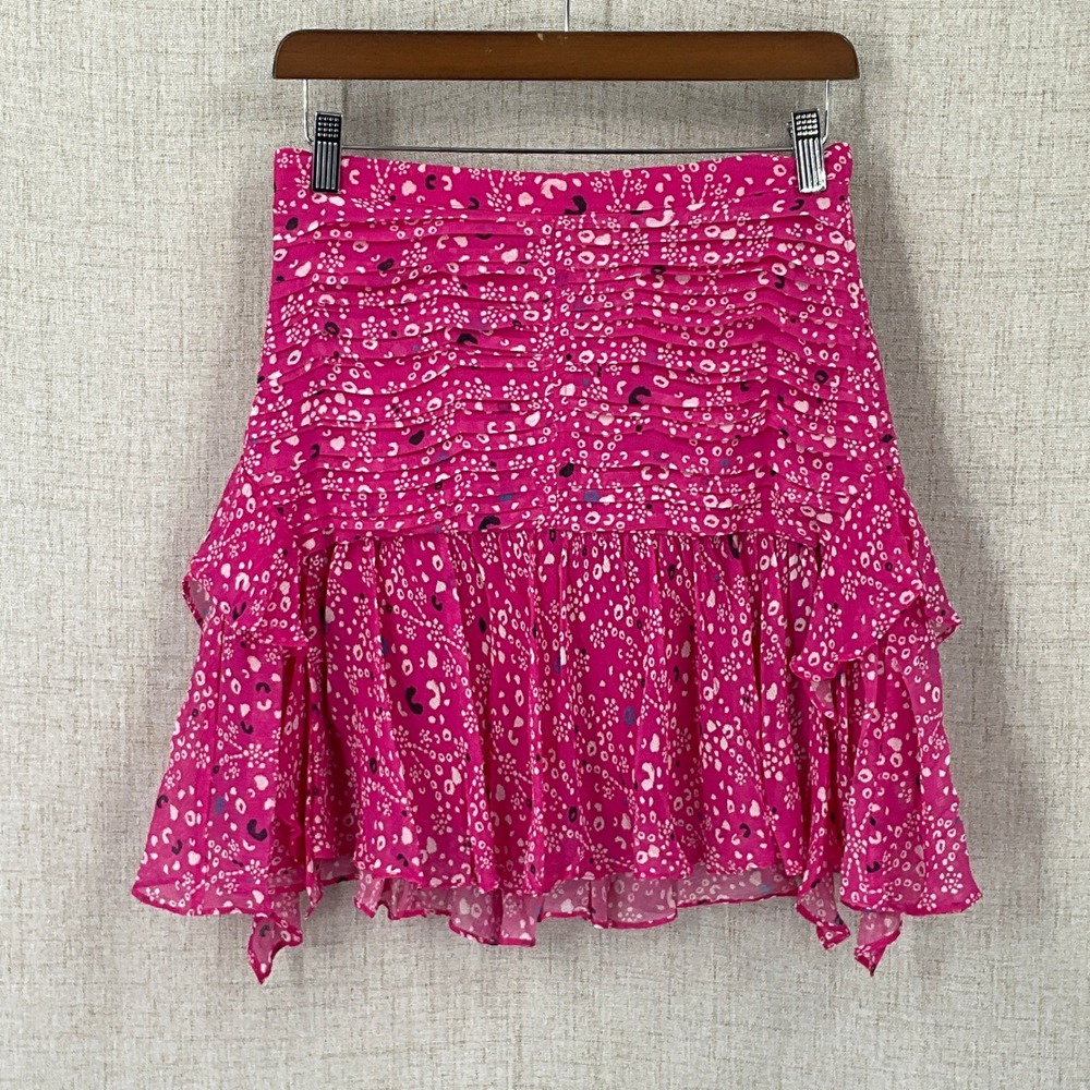 Tanya Taylor Skirt Womens 2 Pink Silk Tiered Ruffle Ruched Spotted Mini Luxury